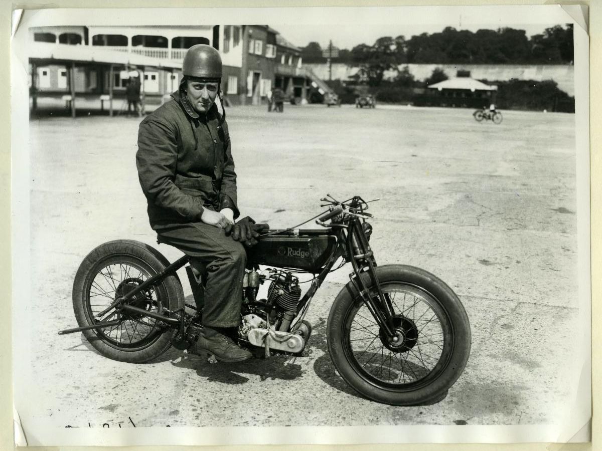Bert Mathers, one of the two riders. pictured on the 1922 Rudge at Brooklands before attempting to set a speed record.